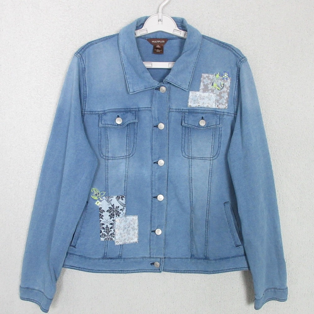 Multiples Denim Jacket Womens Large Blue Excellent Patchwork Floral Embroidered